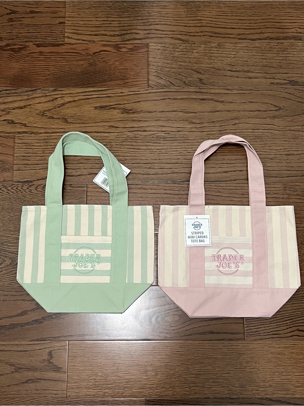 Trader Joe’s Striped Canvas Mini Striped Tote Bag NWT Set of Green and Pink